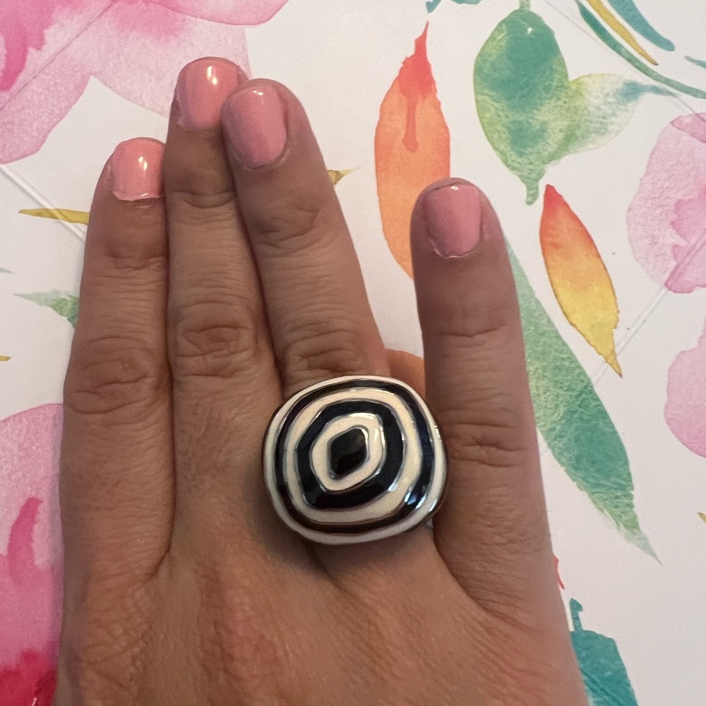 Stainless Steel & Black and White Enamel Ring - Size 7